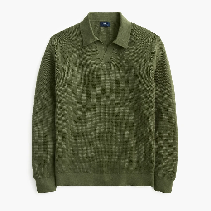 Cotton waffle johnny-collar sweater-polo