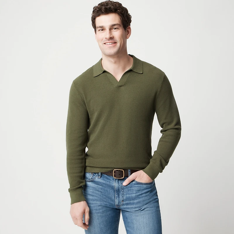 Cotton waffle johnny-collar sweater-polo