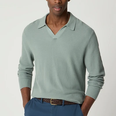 Cotton waffle johnny-collar sweater-polo