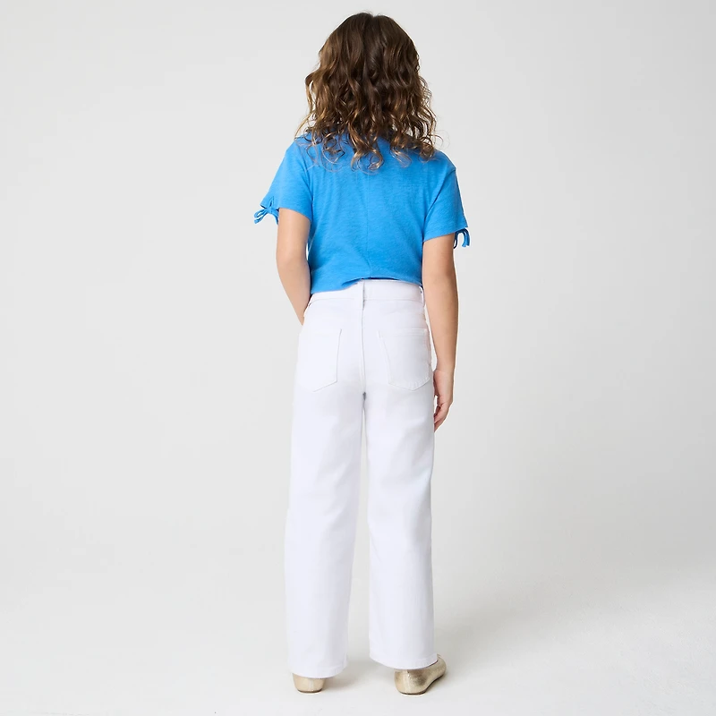 Girls' garment-dyed flower button wide-leg jean