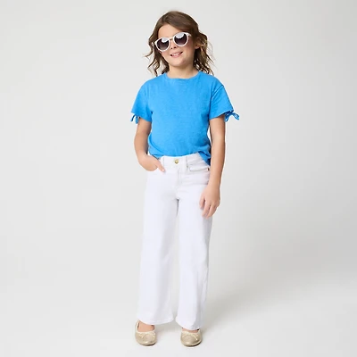 Girls' garment-dyed flower button wide-leg jean