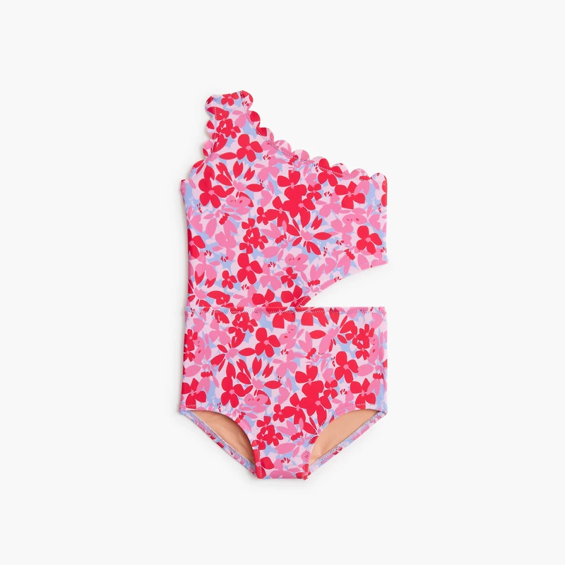 Girls' floral scalloped one-piece swimsuit