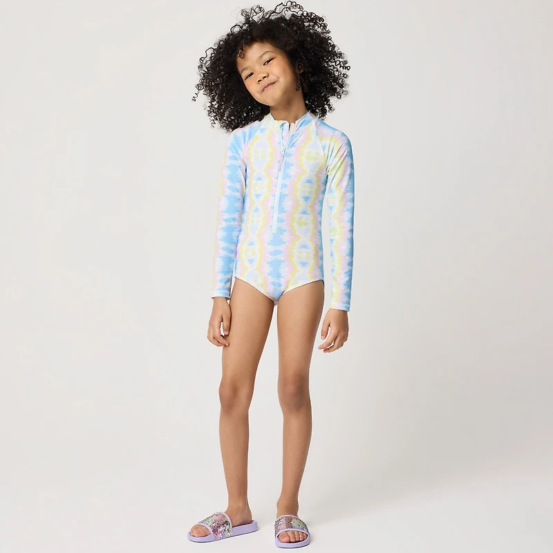 Girls' tie-dyed rash guard swimsuit