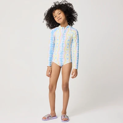 Girls' tie-dyed rash guard swimsuit