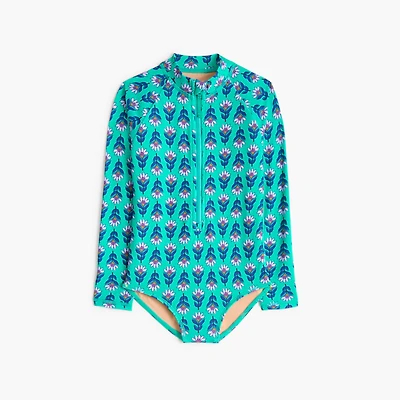 Girls' block-print rash guard swimsuit