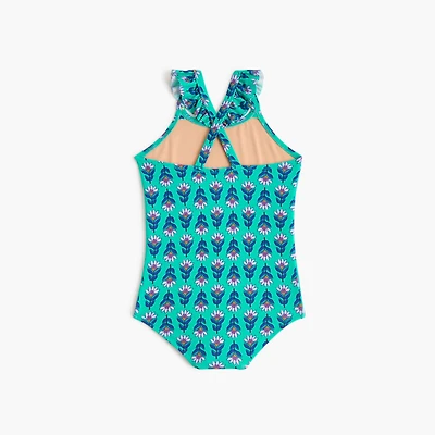Girls' block-print one-piece swimsuit