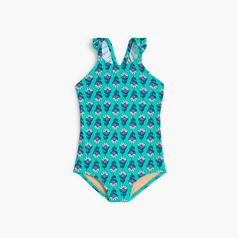 Girls' block-print one-piece swimsuit