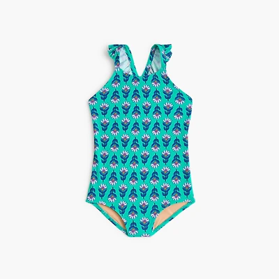 Girls' block-print one-piece swimsuit