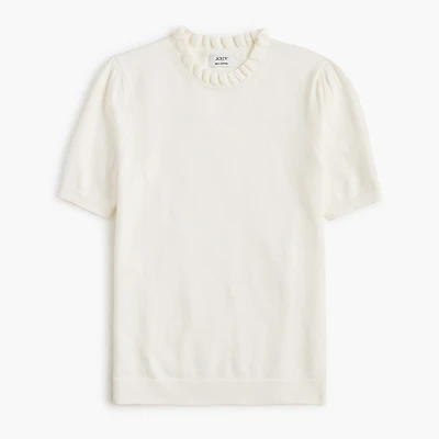 Short-sleeve cotton ruffleneck sweater