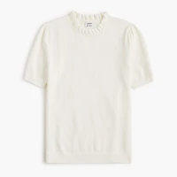 Short-sleeve cotton ruffleneck sweater