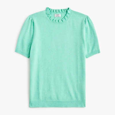 Short-sleeve cotton ruffleneck sweater