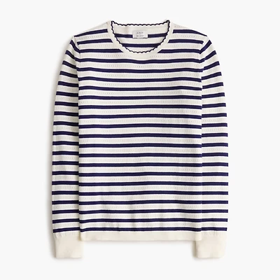Striped pointelle scallop-neck sweater