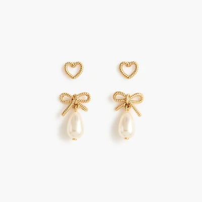 Heart and bow drop earrings pack-of-two