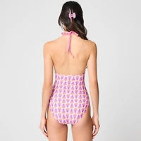 Block-print halter one-piece swimsuit