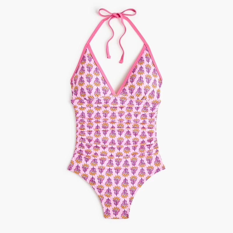 Block-print halter one-piece swimsuit