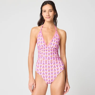 Block-print halter one-piece swimsuit