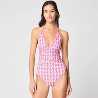 Block-print halter one-piece swimsuit