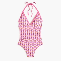Block-print halter one-piece swimsuit