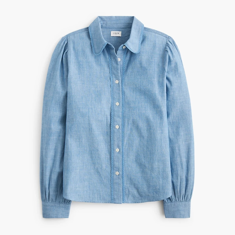 Lace-trim chambray button-up shirt