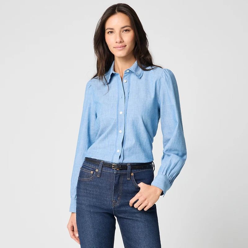 Lace-trim chambray button-up shirt