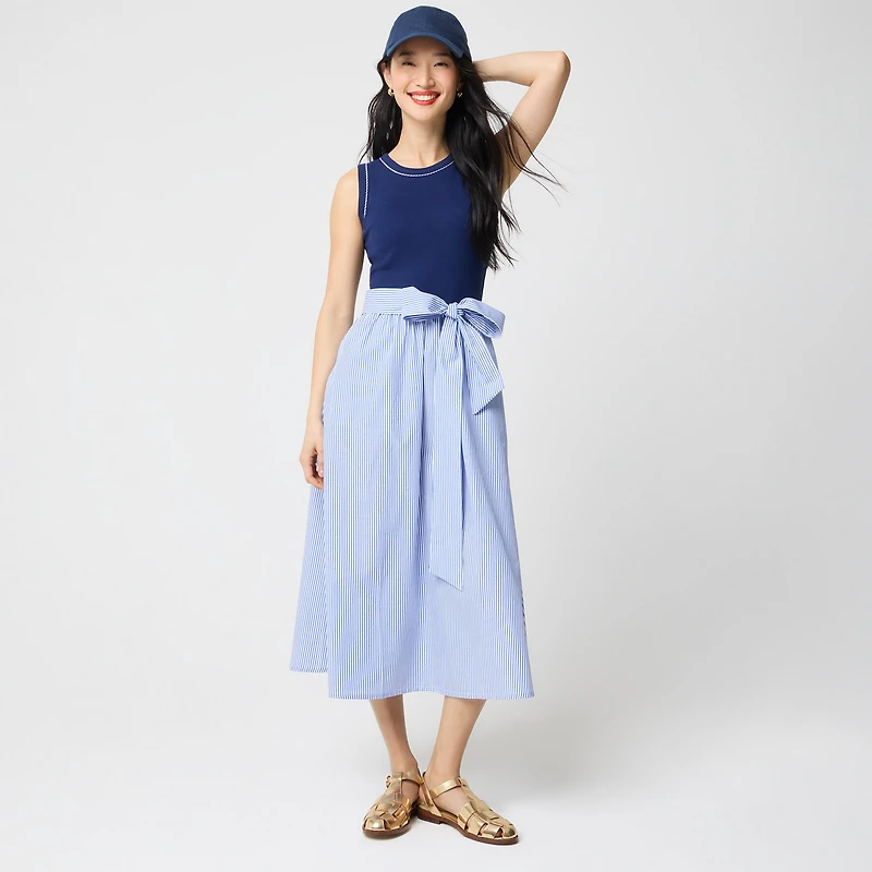 Tie-waist mixed-media midi dress