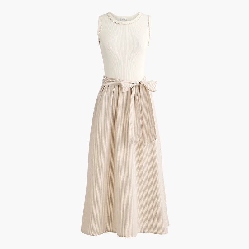 Tie-waist mixed-media midi dress