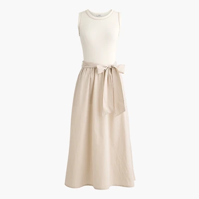 Tie-waist mixed-media midi dress