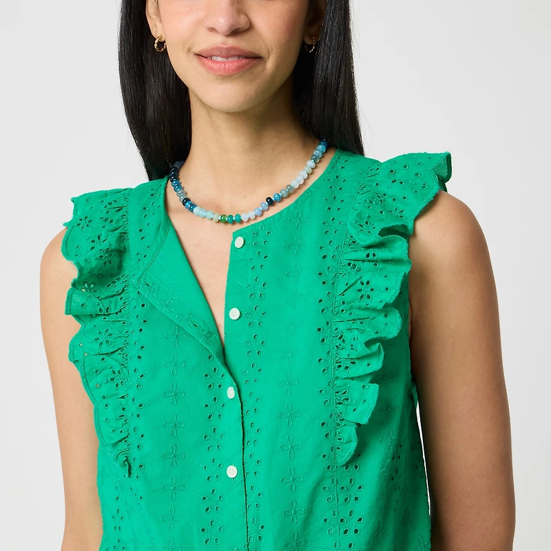 Eyelet flutter-sleeve top