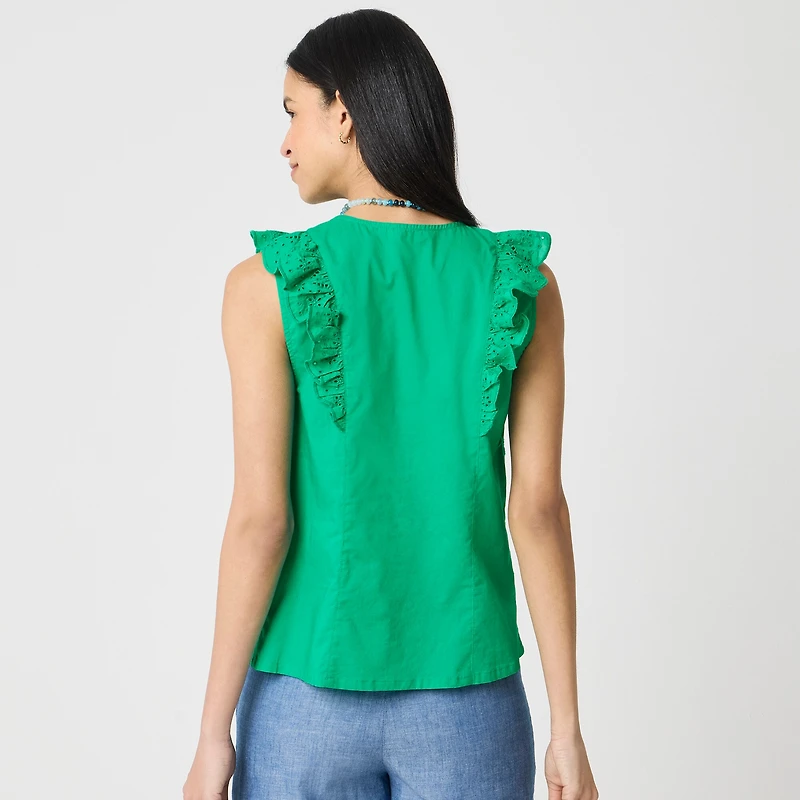 Eyelet flutter-sleeve top