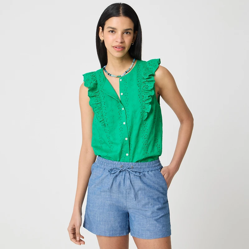 Eyelet flutter-sleeve top