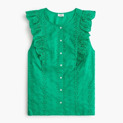 Eyelet flutter-sleeve top