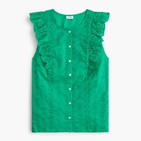 Eyelet flutter-sleeve top