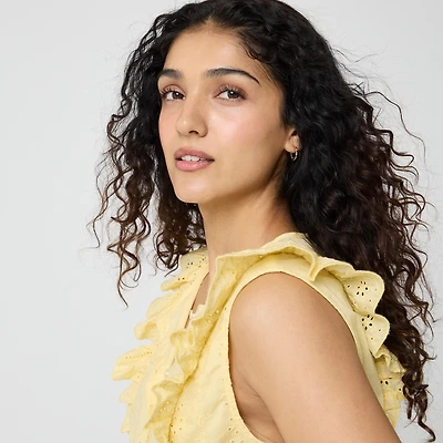 Eyelet flutter-sleeve top