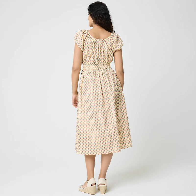 Floral smocked-waist midi dress