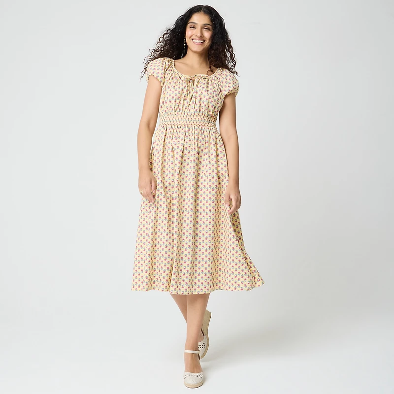 Floral smocked-waist midi dress