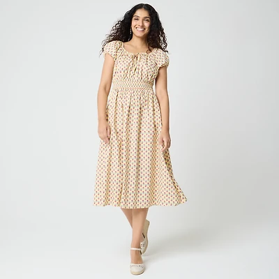 Floral smocked-waist midi dress