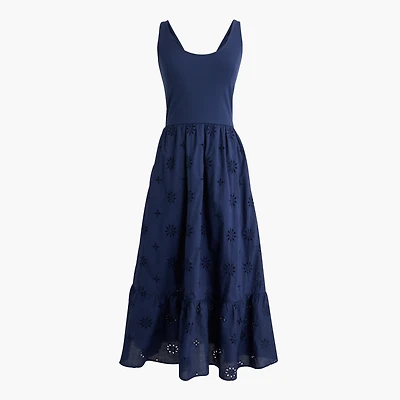 Eyelet mixed-media midi dress