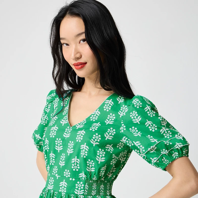 Block-print puff-sleeve midi dress