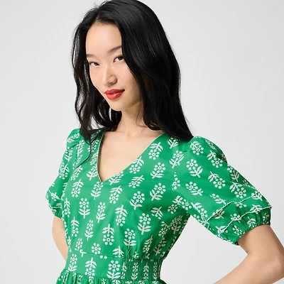 Block-print puff-sleeve midi dress