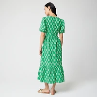 Block-print puff-sleeve midi dress