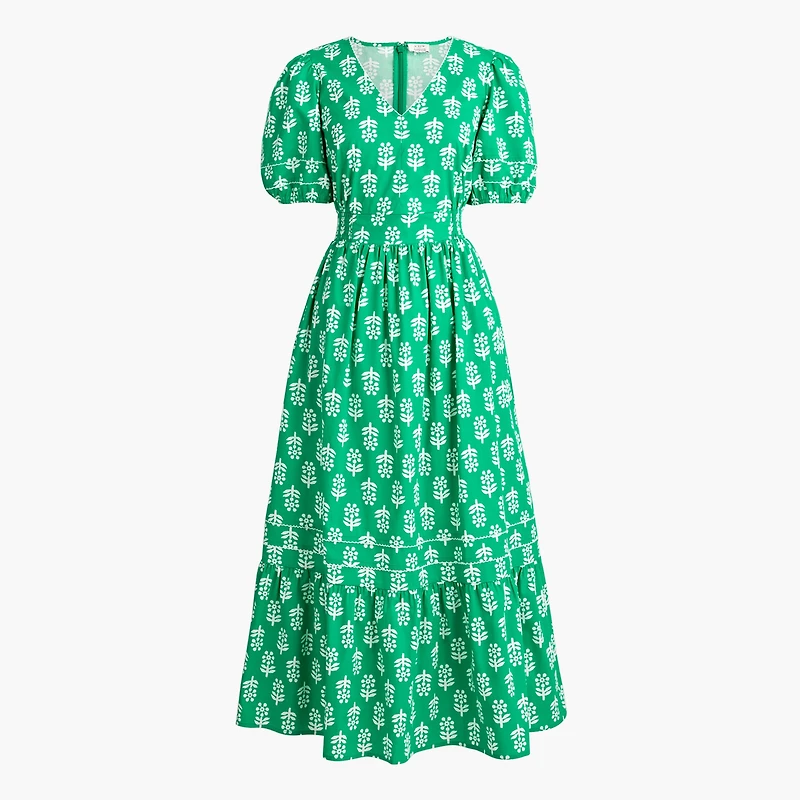 Block-print puff-sleeve midi dress