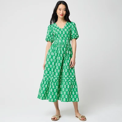 Block-print puff-sleeve midi dress
