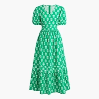 Block-print puff-sleeve midi dress