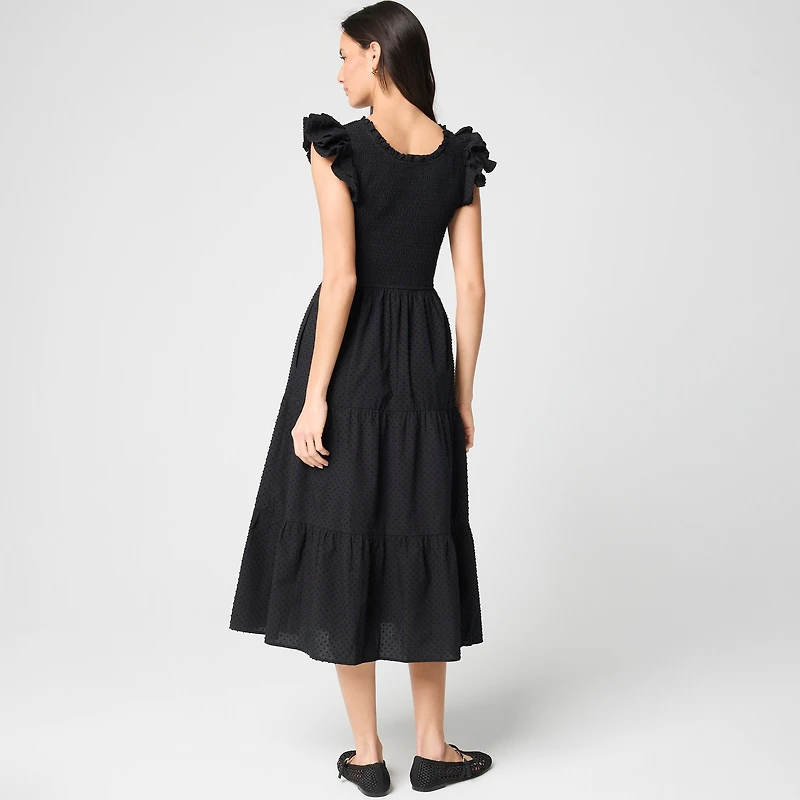 Clip-dot smocked flutter-sleeve midi dress