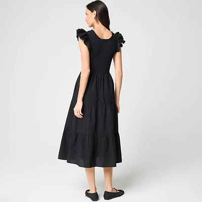 Clip-dot smocked flutter-sleeve midi dress