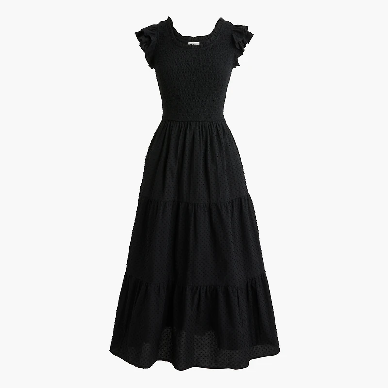 Clip-dot smocked flutter-sleeve midi dress