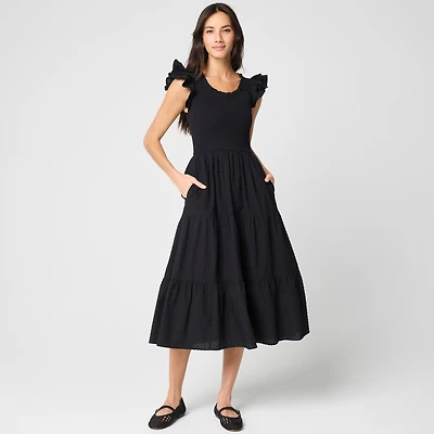 Clip-dot smocked flutter-sleeve midi dress