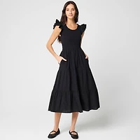 Clip-dot smocked flutter-sleeve midi dress