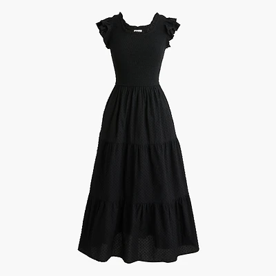 Clip-dot smocked flutter-sleeve midi dress