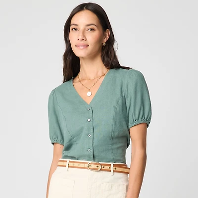 Linen-blend button-up top